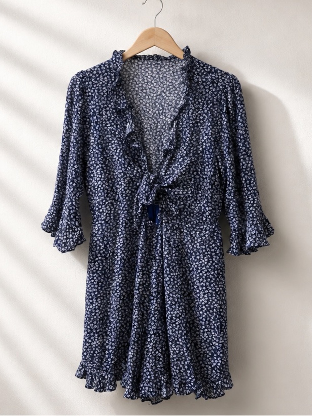 Polly Ruffle Romper in Dainty Blue Floral Tie Front Boho Romantic Size 12